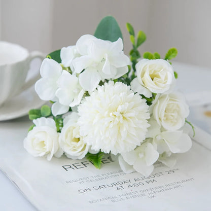 Silk Rose & Chrysanthemum Bouquet - Wedding & Valentine's Decor - WHITE | The Couple Corner