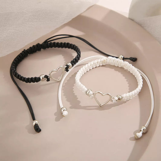 Love Heart Couple Bracelet: Handcrafted Adjustable White and Black Beads with Butterfly Design