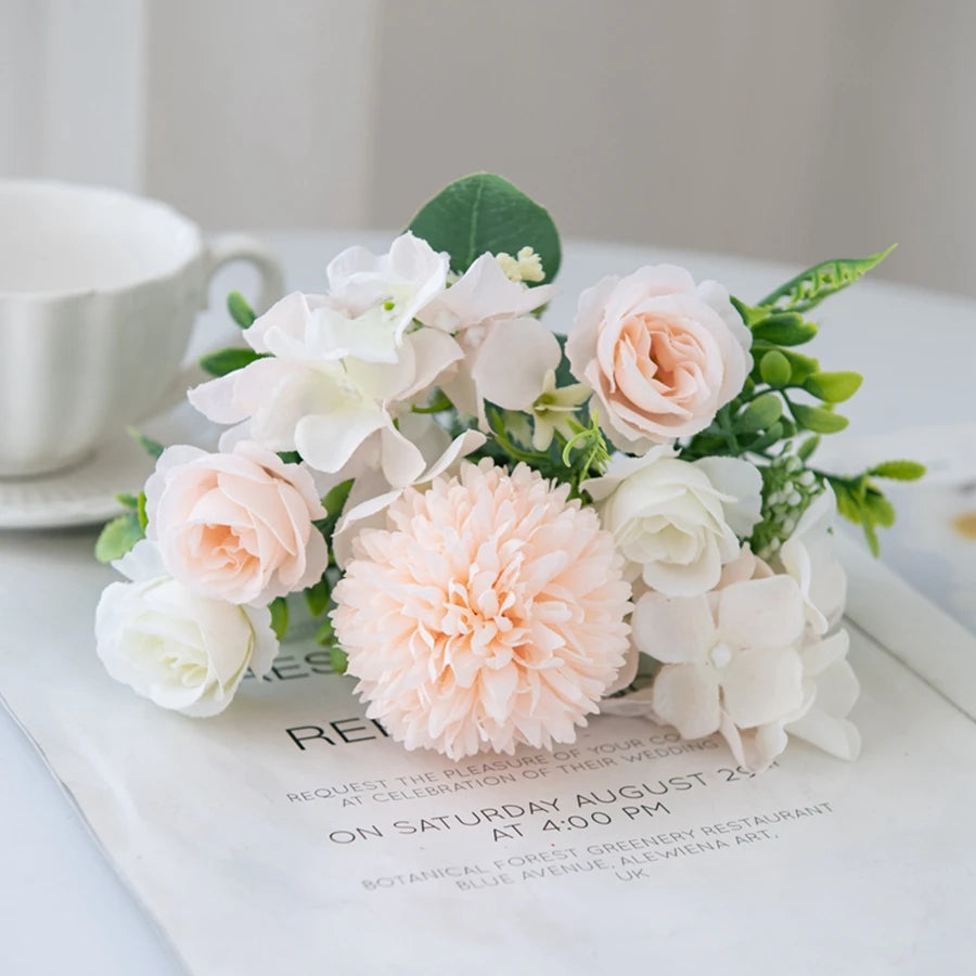 Silk Rose & Chrysanthemum Bouquet - Wedding & Valentine's Decor - Champagne | The Couple Corner