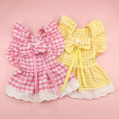 Lovely Flying Shoulder Sleeve Plaid Skirt - Summer Pet Dress