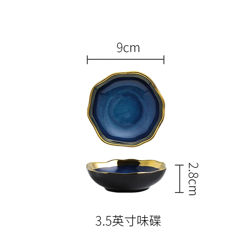 Nordic Blue Glaze Ceramic Plate - Irregular Gold Edge Dinnerware