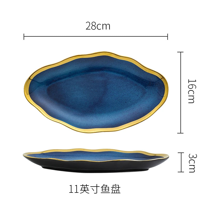 Nordic Blue Glaze Ceramic Plate - Irregular Gold Edge Dinnerware