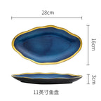 Nordic Blue Glaze Ceramic Plate - Irregular Gold Edge Dinnerware