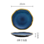 Nordic Blue Glaze Ceramic Plate - Irregular Gold Edge Dinnerware