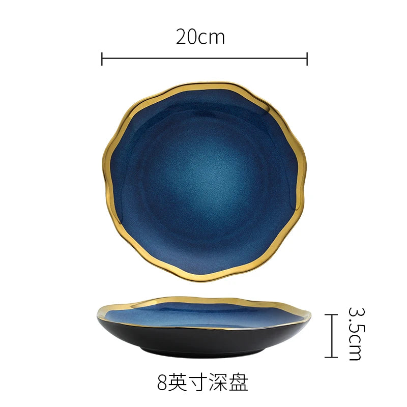 Nordic Blue Glaze Ceramic Plate - Irregular Gold Edge Dinnerware