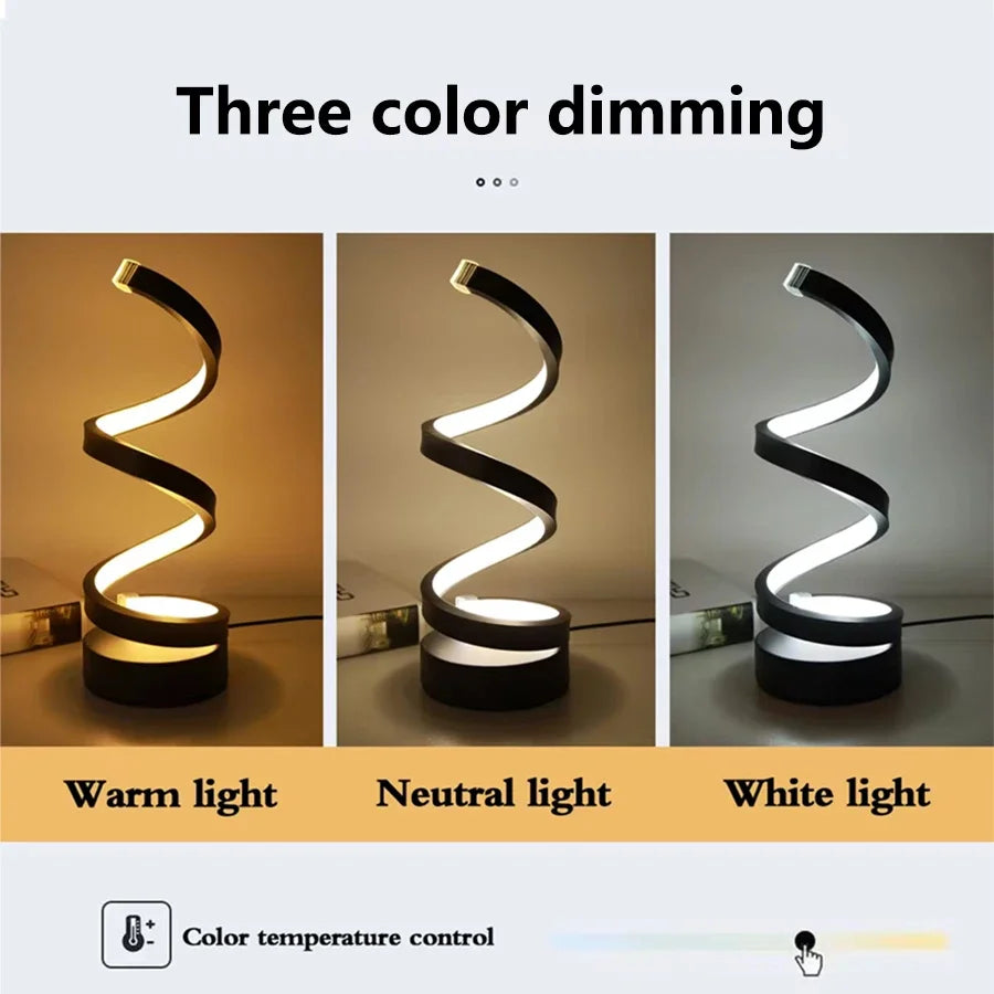 Modern Spiral LED Table Lamp for Couples - Dimmable USB Bedside Light for Living Room & Office