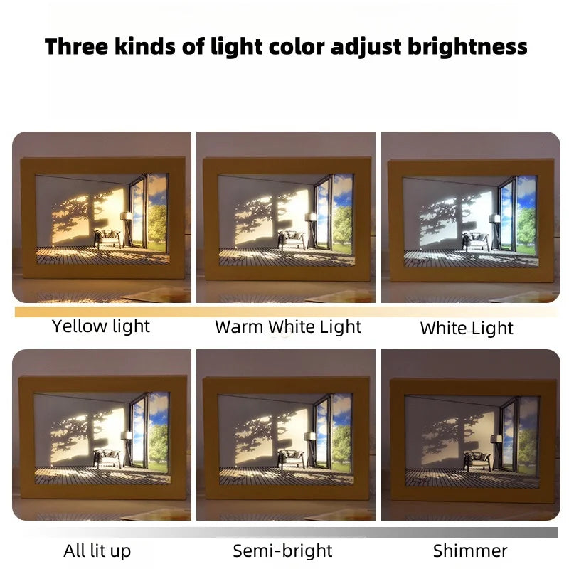 Window Scene Art Light for Couples - LED Light Painting of Empty House, Seaside, or Sun Dog | Dimmable Wall Art Lamp