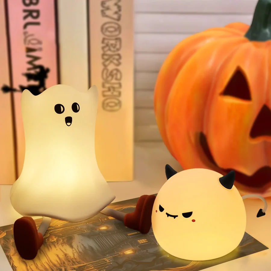 Cute Pumpkin Ghost Night Light for Couples - Dimmable Halloween Bedside Lamp with Timer | Spooky Home Decor Gift