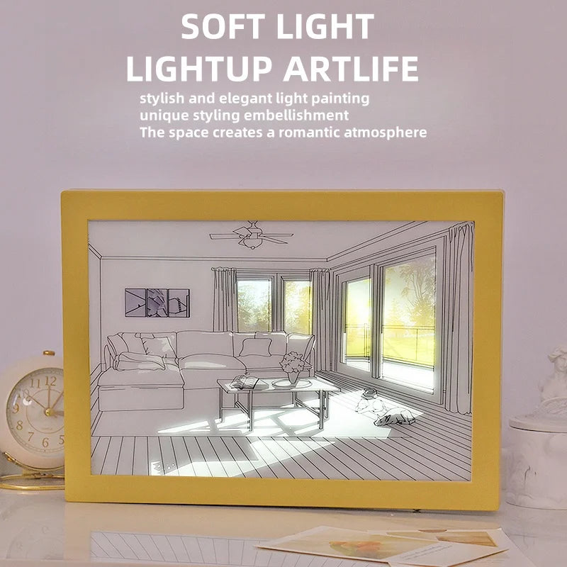 Window Scene Art Light for Couples - LED Light Painting of Empty House, Seaside, or Sun Dog | Dimmable Wall Art Lamp