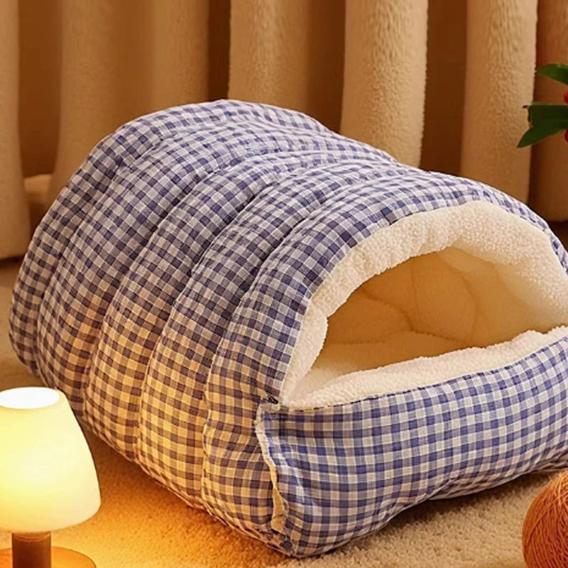 Closed Pet Bed with Removable Cover - Four Seasons Warm Plaid Bed for Cats & Dogs | Pet Bed The Couple Corner