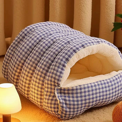 Closed Pet Bed with Removable Cover - Four Seasons Warm Plaid Bed for Cats & Dogs | Pet Bed The Couple Corner