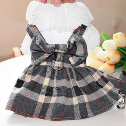 Plaid Dog Dress with Big Bowknot - Harness and Leash Set for Small to Medium Dogs