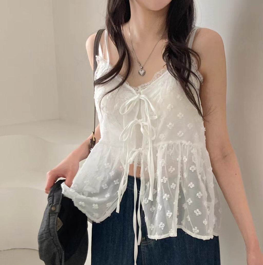 V領繫帶設計刺繡提花百搭繃帶吊衫