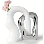 Boho Ceramic Vase Set of 2 - Pedestal Home Decor for Pampas Grass & Dried Florals, Couples Centerpiece for Living Room & Bedroom