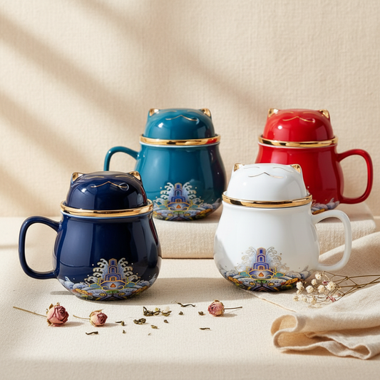 Matching Fortune Cat Tea Mug Set - Ceramic Cups with Infuser for Couples' Morning Rituals & Cozy Moments - | The Couple Corner