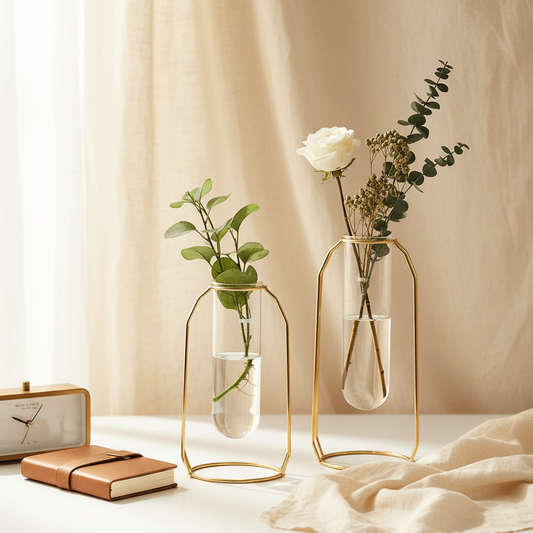 Hydroponic Vase - Golden Metal Frame Glass Planter for Couples' Shared Desk - | The Couple Corner