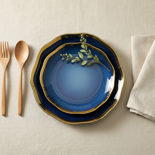 Nordic Blue Glaze Ceramic Plate - Irregular Gold Edge Dinnerware - | The Couple Corner