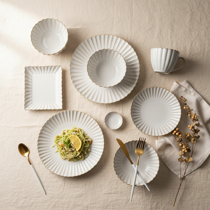 White Ceramic Dinnerware Set - Nordic Plates, Bowls, Mugs - | The Couple Corner
